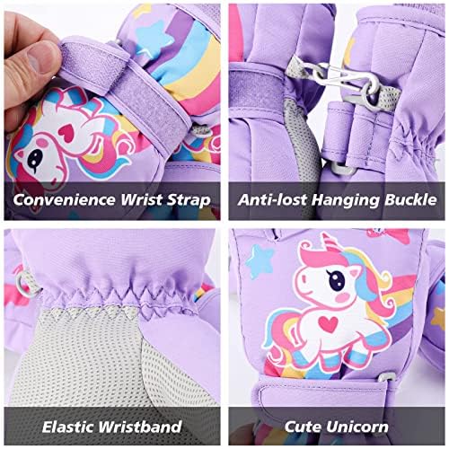 Children's Winter Ski Gloves Waterproof Snowboard Gloves Non-Slip Plush Lined Warm Unicorn Gloves for Girls Boys 2-9 Years Old