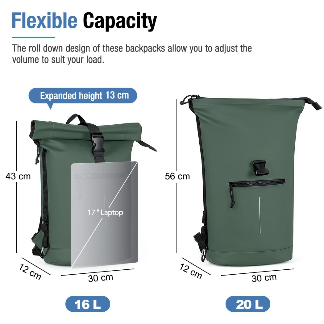 Lekeinchi Rolltop Rucksack Wasserdicht für Damen & Herren, Großer Laptop Rucksack mit Computerfach für 17 Zoll Laptop, Elegant Reiserucksack Daypack für Reisen, Radfahren, Uni Schule, Arbeit-Blau