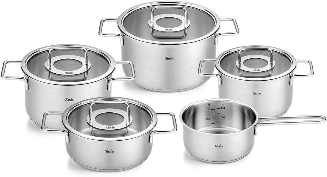 Fissler Pure Collection / Edelstahl-Kochtopfset, 5-teilig, Töpfe mit Glas-Deckel (3 Kochtöpfe,1 Bratentopf 1 Stielkasserolle) - Induktion, Silber