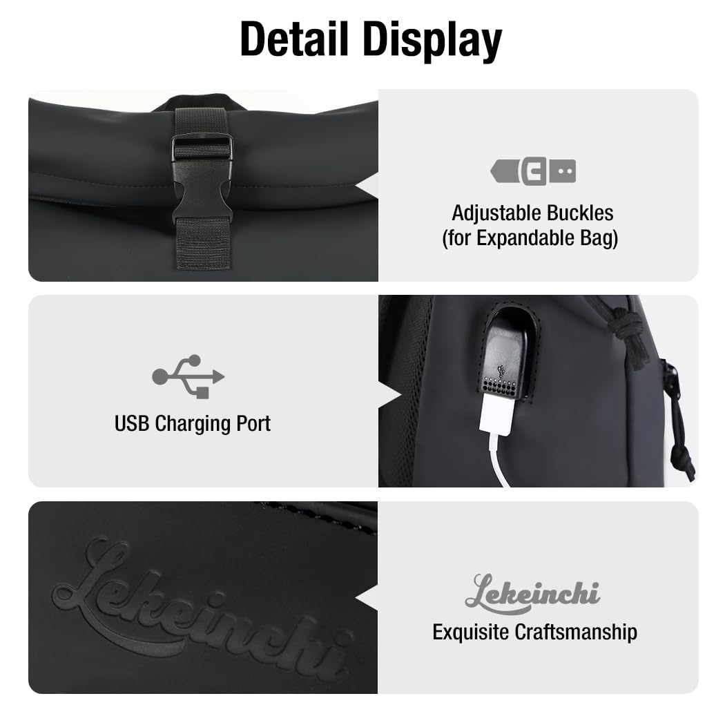 Lekeinchi Rolltop Rucksack Wasserdicht für Damen & Herren, Großer Laptop Rucksack mit Computerfach für 17 Zoll Laptop, Elegant Reiserucksack Daypack für Reisen, Radfahren, Uni Schule, Arbeit-Blau