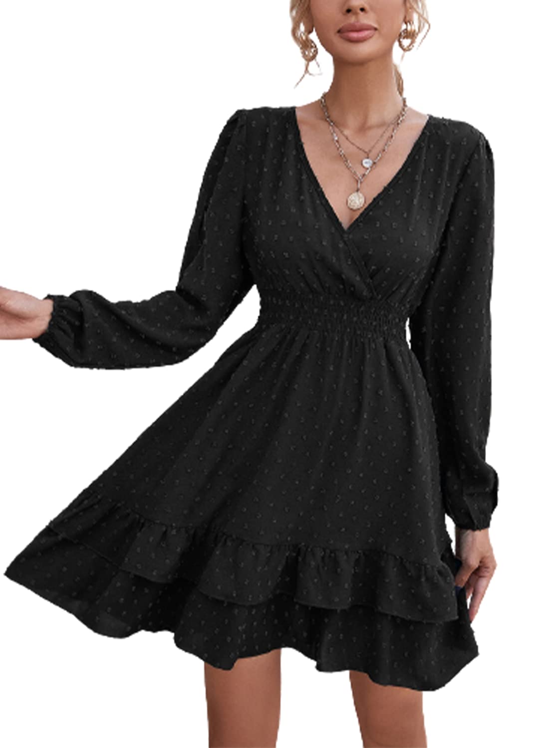 Vangreynve Damen Minikleid V-Ausschnitt A-Linie Kleider Elegant Hohe Taille Langarm Freizeitkleid