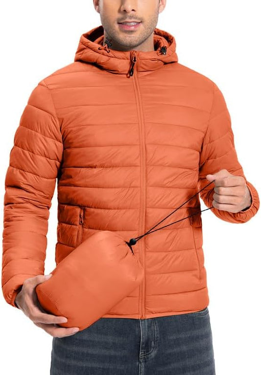 Winter Jacket Men's Packable Outdoor Down Jackets Hooded Jacket Autumn Waterproof Puffer Jacket with 6 Pockets for Running Travel