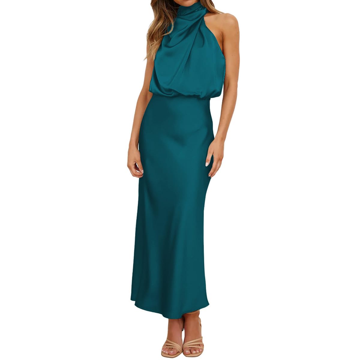 Odizli Damen Elegant Ärmellos Neckholder Satin Sommer Hochzeit Lang Abendkleider