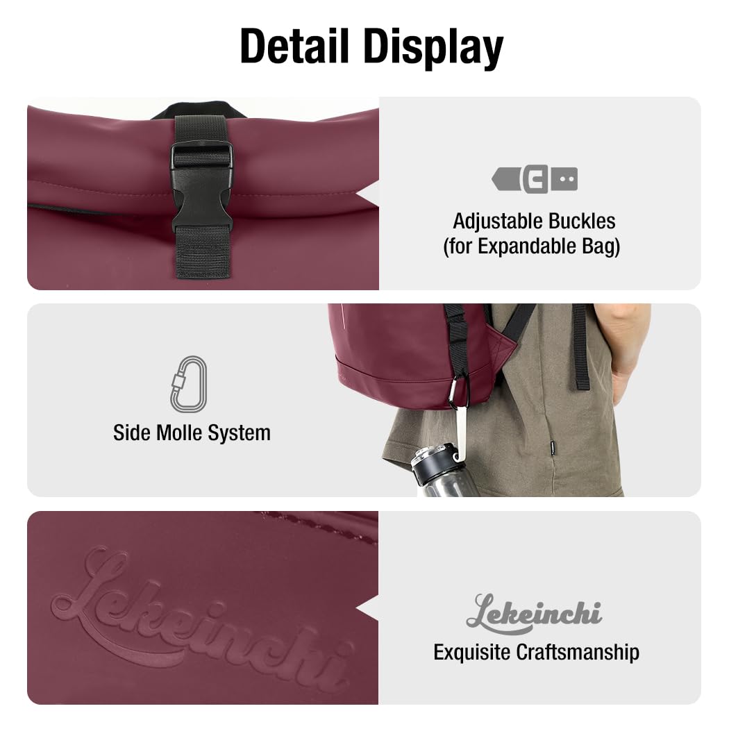 Lekeinchi Rolltop Rucksack Wasserdicht für Damen & Herren, Großer Laptop Rucksack mit Computerfach für 17 Zoll Laptop, Elegant Reiserucksack Daypack für Reisen, Radfahren, Uni Schule, Arbeit-Blau