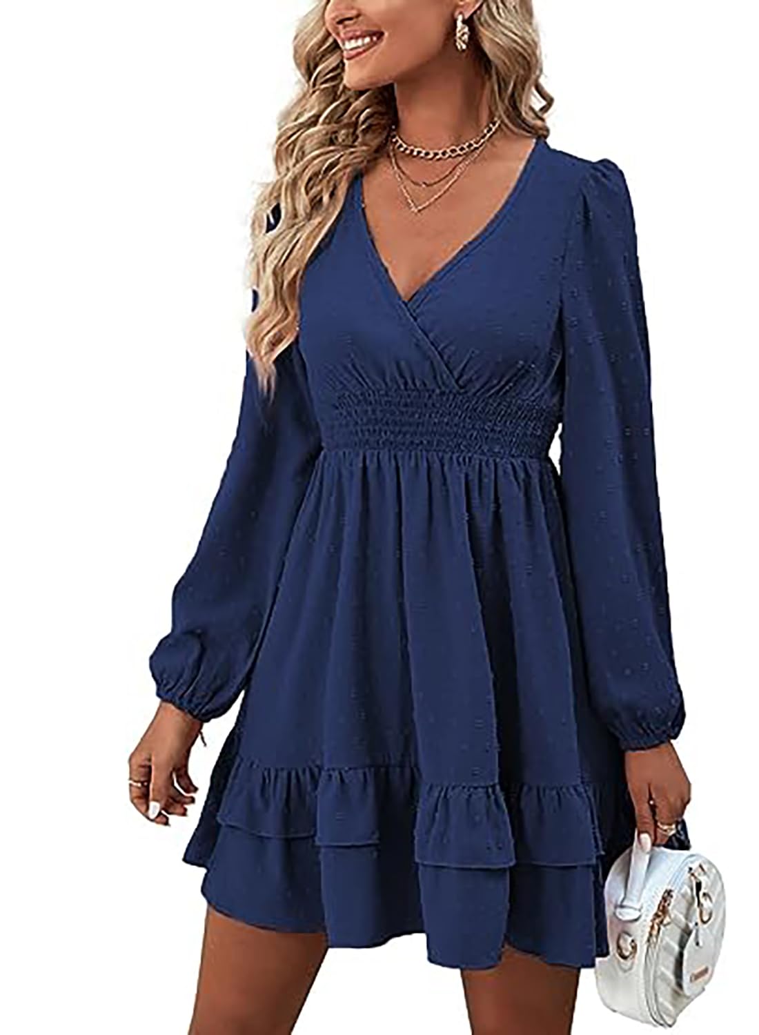 Vangreynve Damen Minikleid V-Ausschnitt A-Linie Kleider Elegant Hohe Taille Langarm Freizeitkleid