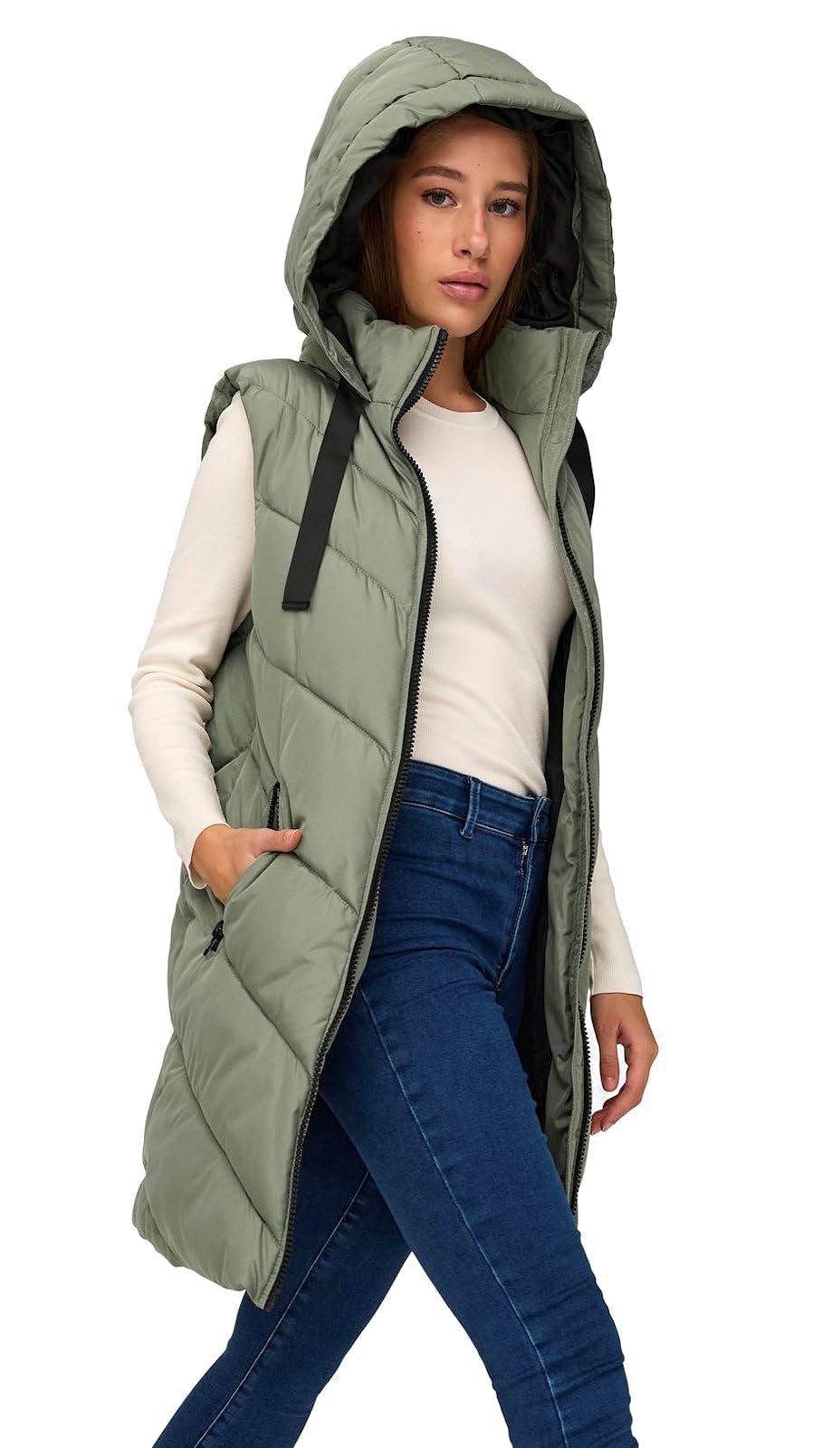 JDY JDYSkylar Women's 3/4 Length Quilted Vest Padded Hood Waistcoat with Hood