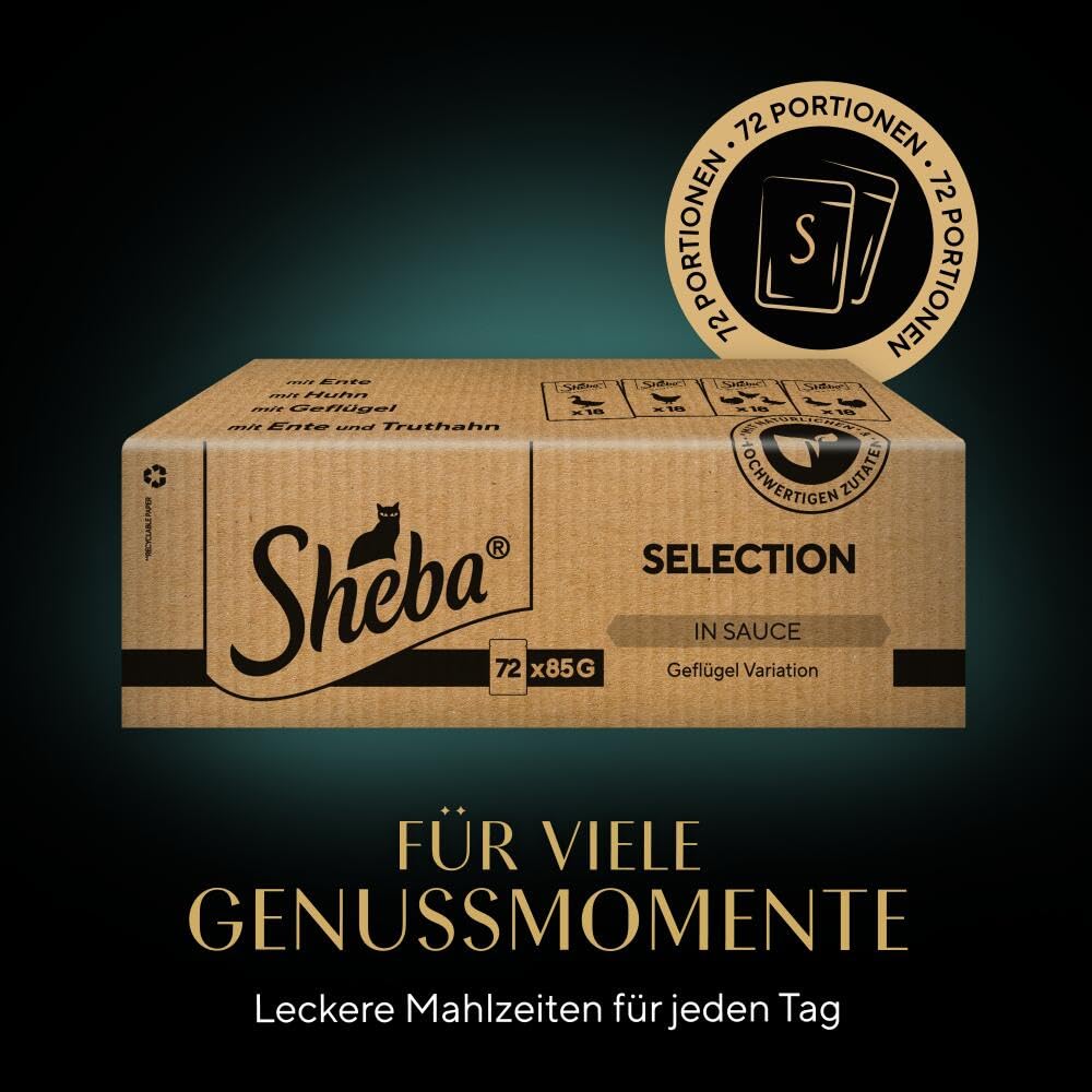 Sheba Katzennassfutter Selection in Sauce, 40 Portionsbeutel, 40x85g (1 Großpackung) – Katzenfutter nass, Geflügel Variation mit Ente, Huhn, Geflügel und Truthahn