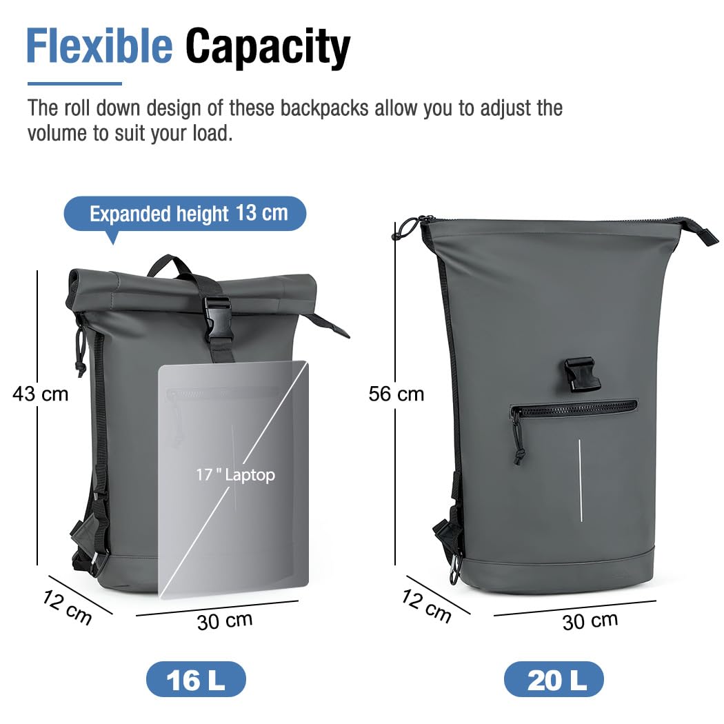 Lekeinchi Rolltop Rucksack Wasserdicht für Damen & Herren, Großer Laptop Rucksack mit Computerfach für 17 Zoll Laptop, Elegant Reiserucksack Daypack für Reisen, Radfahren, Uni Schule, Arbeit-Blau