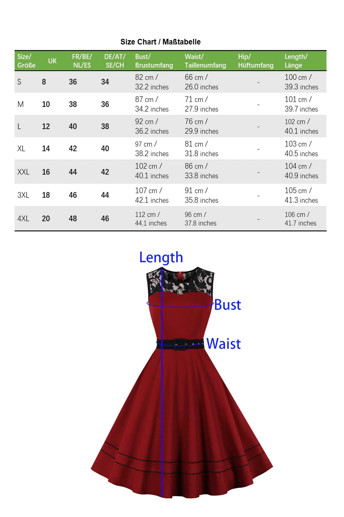 AXOE Damen Rockabilly Kleid 50er Jahre Vintage Festlich Elegant