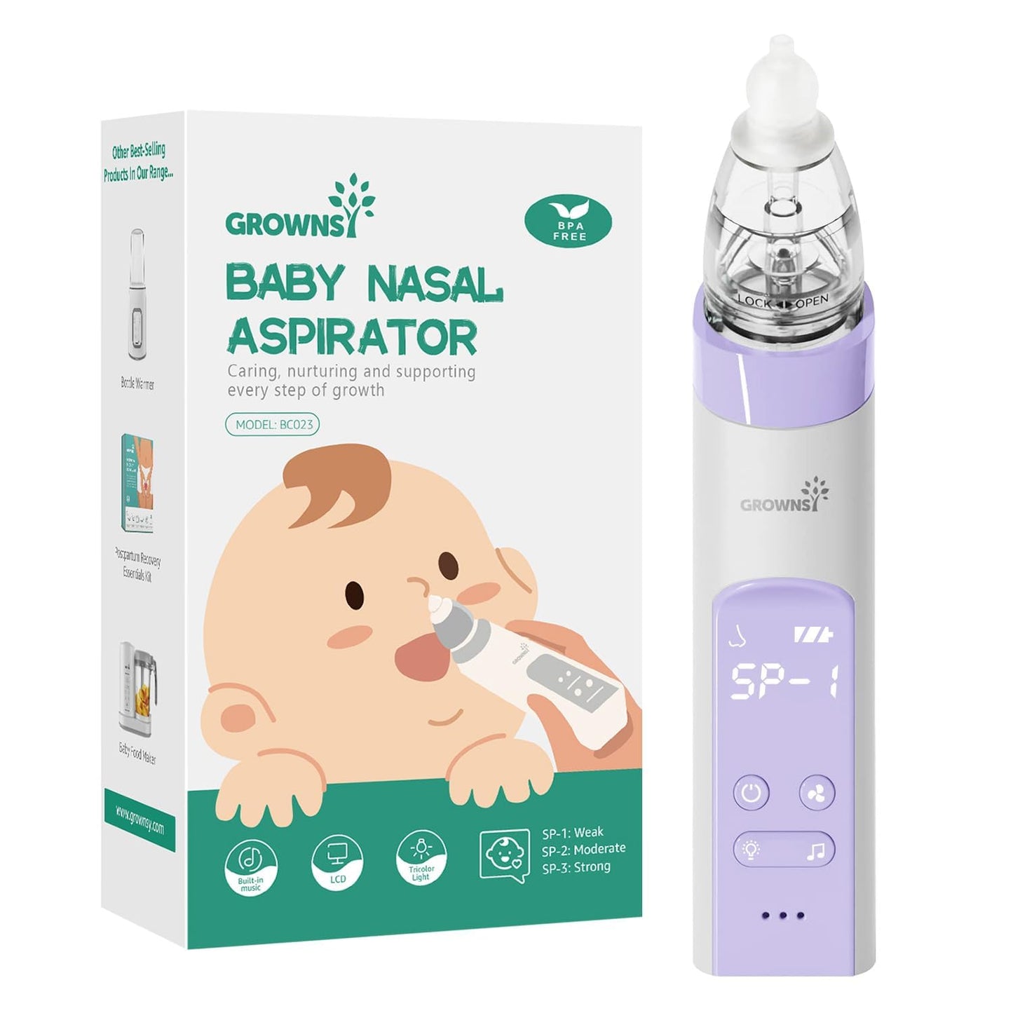 GROWNSY Nasensauger Baby | Nasensauger Baby Elektrisch| Nasensauger Baby Staubsauger Wiederaufladbar, Mit 3 SaugstäRken Musik & Licht Beruhigender Funktion Und 3 GrößEn Silikon Tipps