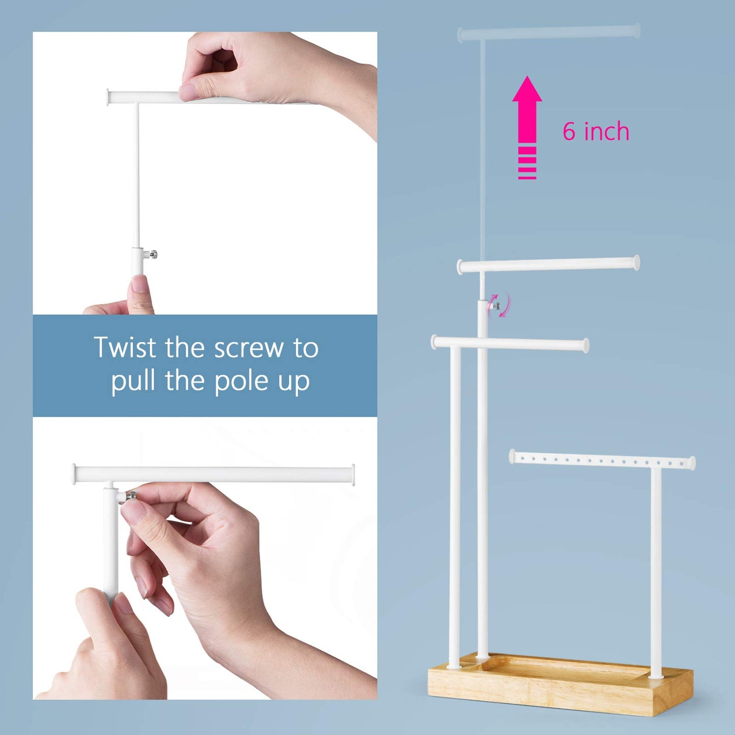SRIWATANA Schmuckständer Holz Schmuckhalter Kettenhalter 3 Stäbe Drehbar (51cm) Schmuckbaum Schmuckaufbewahrung für Ketten Ohrringen Ringen Uhren und Armbändern