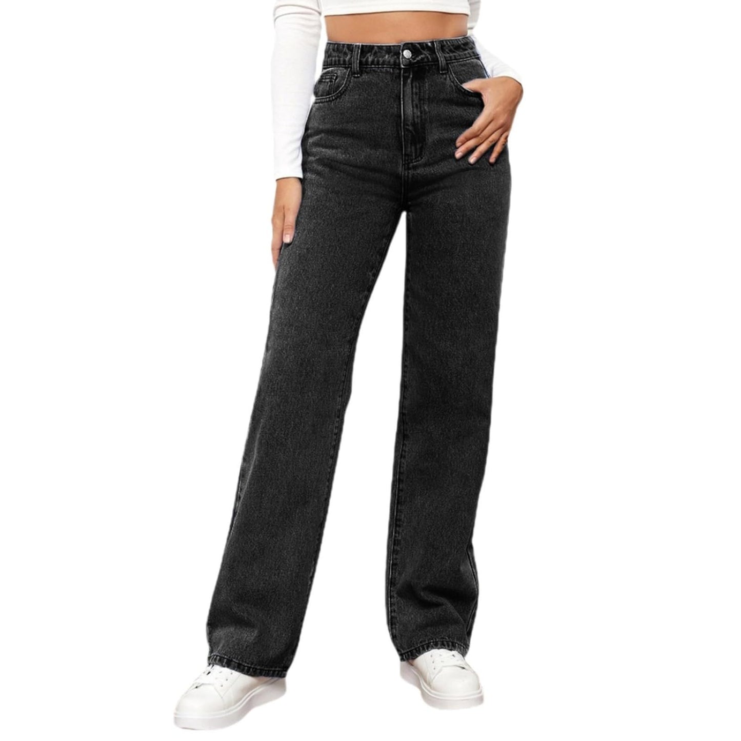 Generisch Baggy Jeans Damen - High Waist Stretch Weites Bein Hose Wide Leg Jeanshose Straight Fit Jeans Tailliert Lang Hosen Y2K Vintage Freiziethose Lockere Gerade Damenjeans