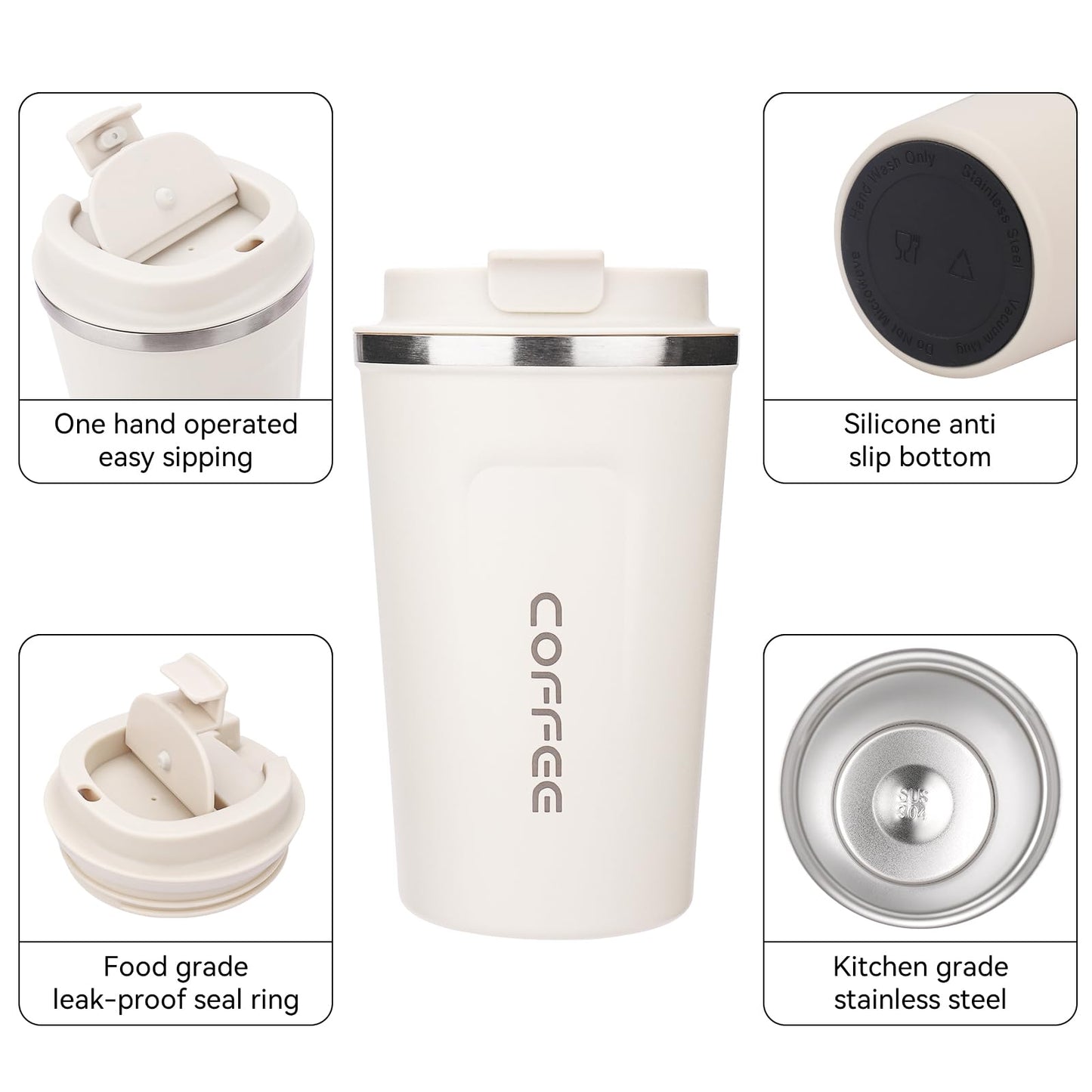 ERBO Kaffeebecher to go, Thermobecher Edelsthal, Auslaufsicher Kaffeetasse Kaffeebecher mit Deckel, Kaffeetasse Thermobecher für Unterwegs Umweltfreundlich, Weiß 380ml