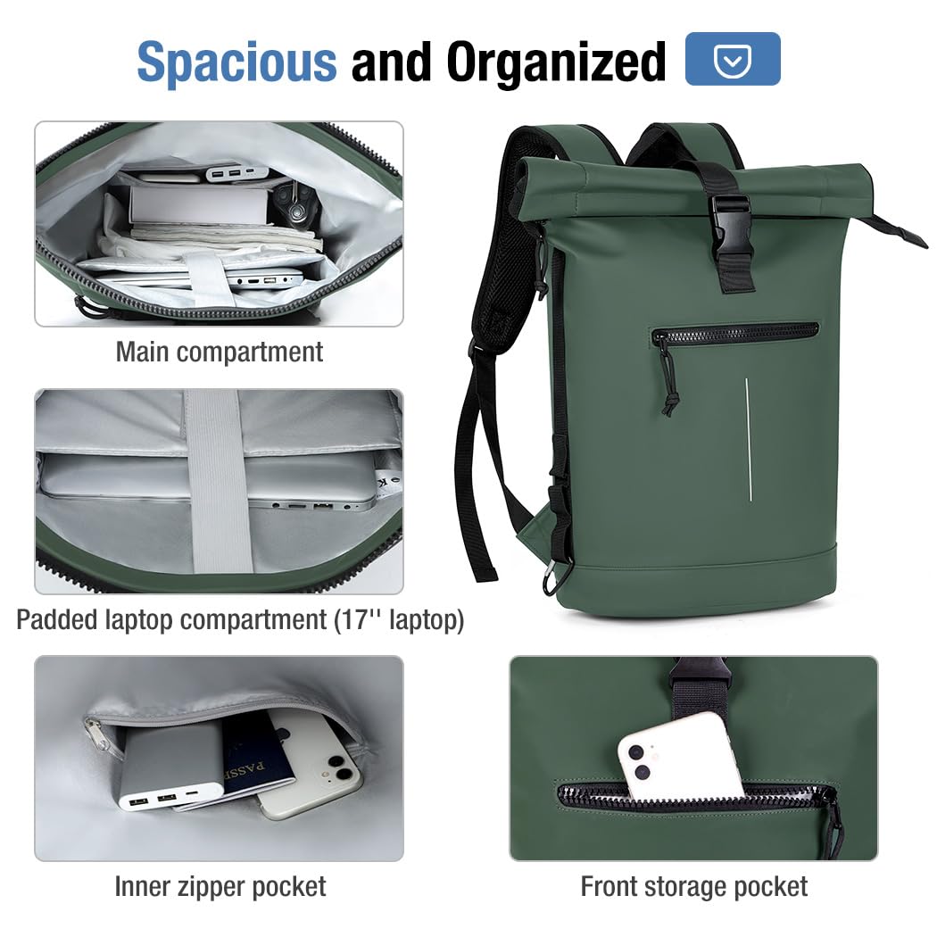 Lekeinchi Rolltop Rucksack Wasserdicht für Damen & Herren, Großer Laptop Rucksack mit Computerfach für 17 Zoll Laptop, Elegant Reiserucksack Daypack für Reisen, Radfahren, Uni Schule, Arbeit-Blau