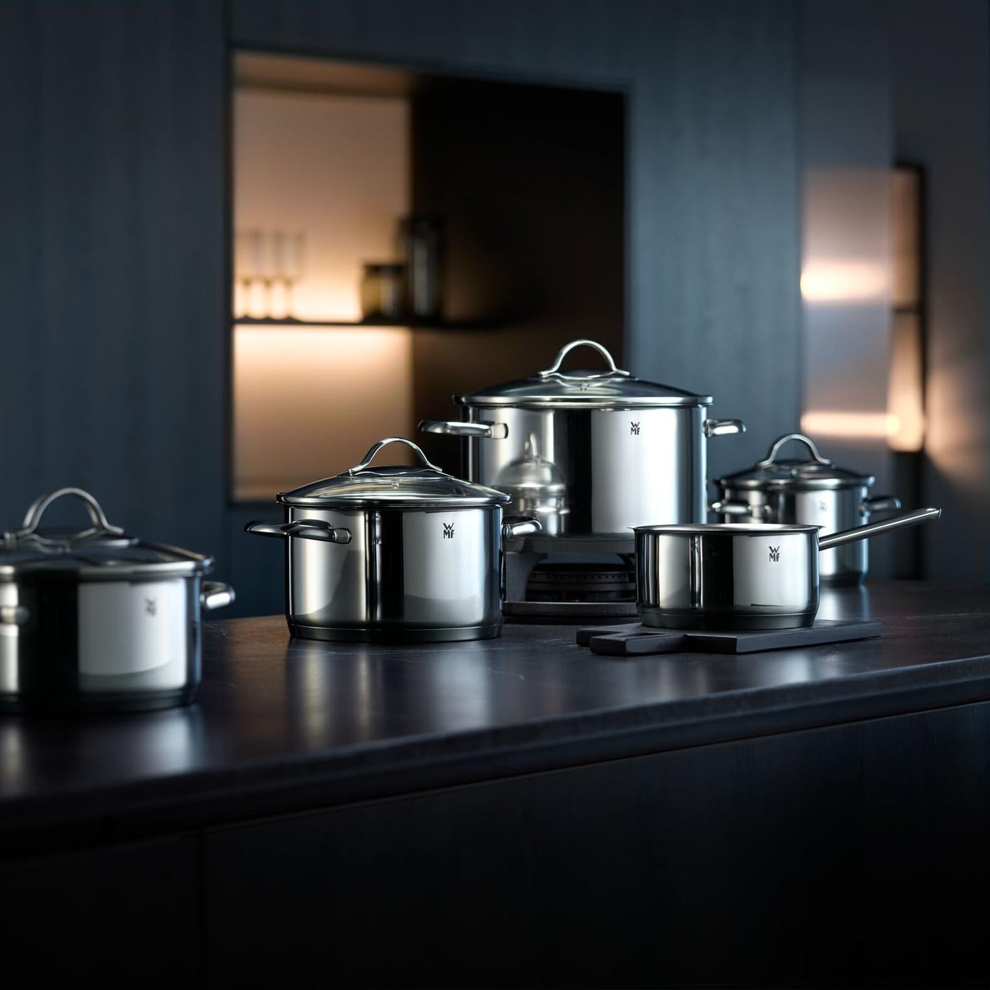 WMF Provence Plus 5-Piece Induction Saucepan Set, Uncoated Cooking Pot Set with Glass Lid, Suitable for All Types of Cookers, Induction Pots Set, without Scale, Polished Cromargan Stainless Steel