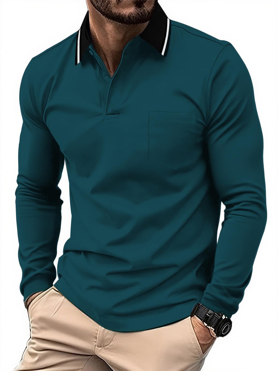 JACKETOWN 3er Pack Poloshirt Herren Langarm Atmungsaktiv Poloshirt Set Knopfkragen Arbeitshemd Golf Polohemd Frühling Herbst Arbeits T Shirt mit Tasche