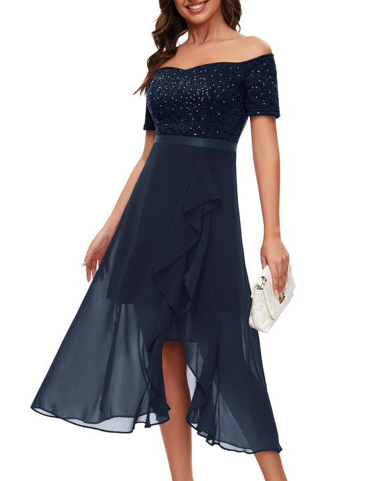 Berylove Abendkleid Damen Lang Glitzer Kleid Cocktailkleid Elegant für Hochzeit Off Shoulder Kleid Ballkleid