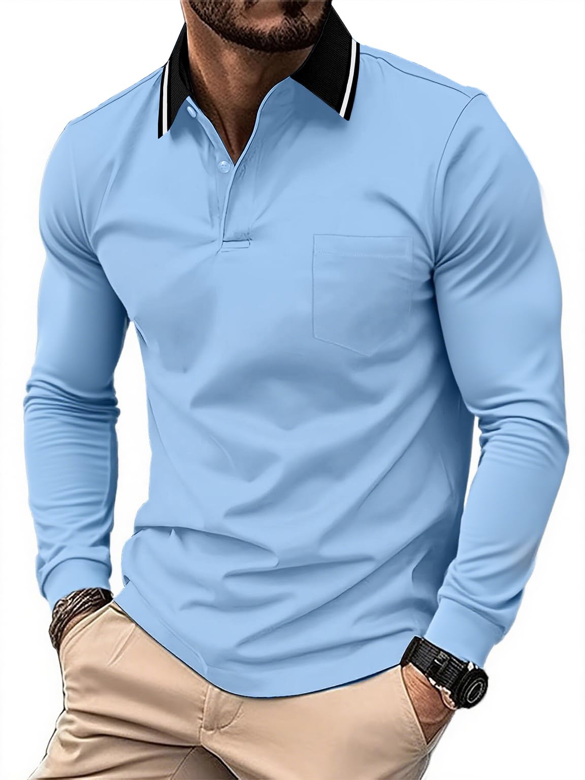 JACKETOWN 3er Pack Poloshirt Herren Langarm Atmungsaktiv Poloshirt Set Knopfkragen Arbeitshemd Golf Polohemd Frühling Herbst Arbeits T Shirt mit Tasche