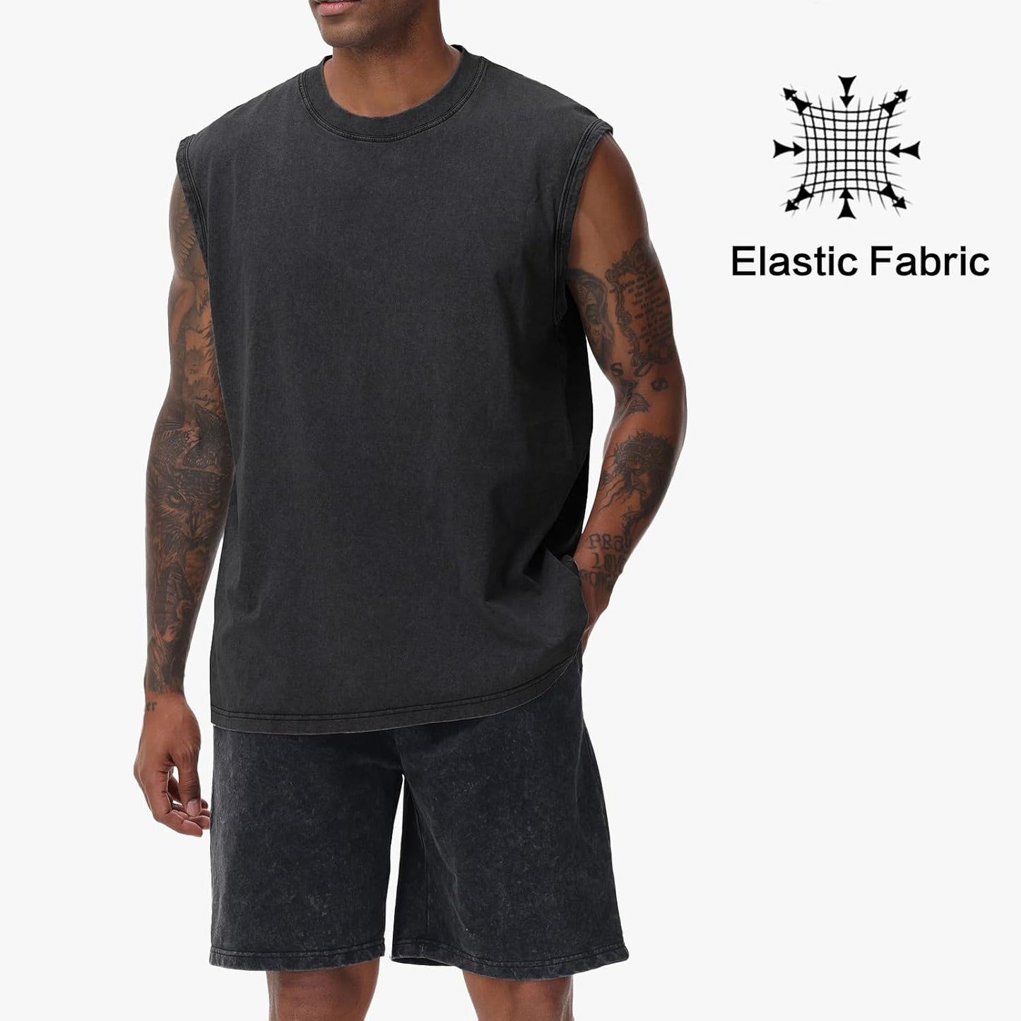 Herren Kurzarm Sommer Ärmelloses Shirt, Männer Fitness ärmellos Weste, Washed Sleeveless t-Shirt, Workout, Fitnessstudio, Baumwolle