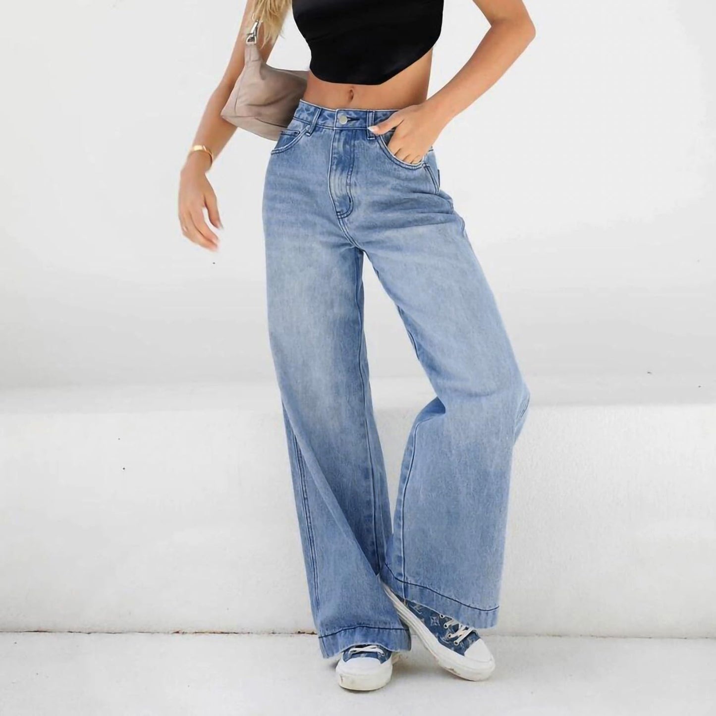 Baggy Jeans Women's Denim Trousers with Wide Leg Oversize Elastic Women's Jeans Casual Long Jeans Straight Leg Traditional Jeans Baggy Stretch Jeans High Waist Casual Trousers Hip Hop Vintage Denim