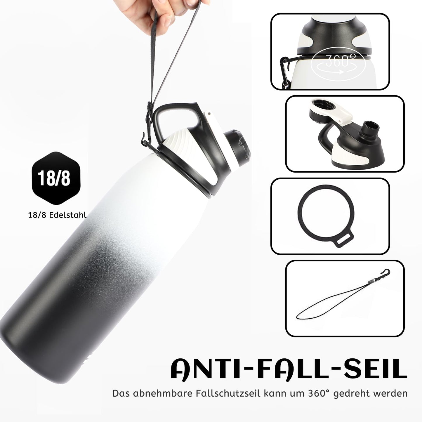 Fjbottle Edelstahl Trinkflasche Sport mit Magnetischem Deckel 1L, 800ml, 600ml, 400ml BPA-Frei Auslaufsichere Kinder Flasche - Kohlensäure geeignet 1500ML Wasserflasche Thermo für Schule, Fitness