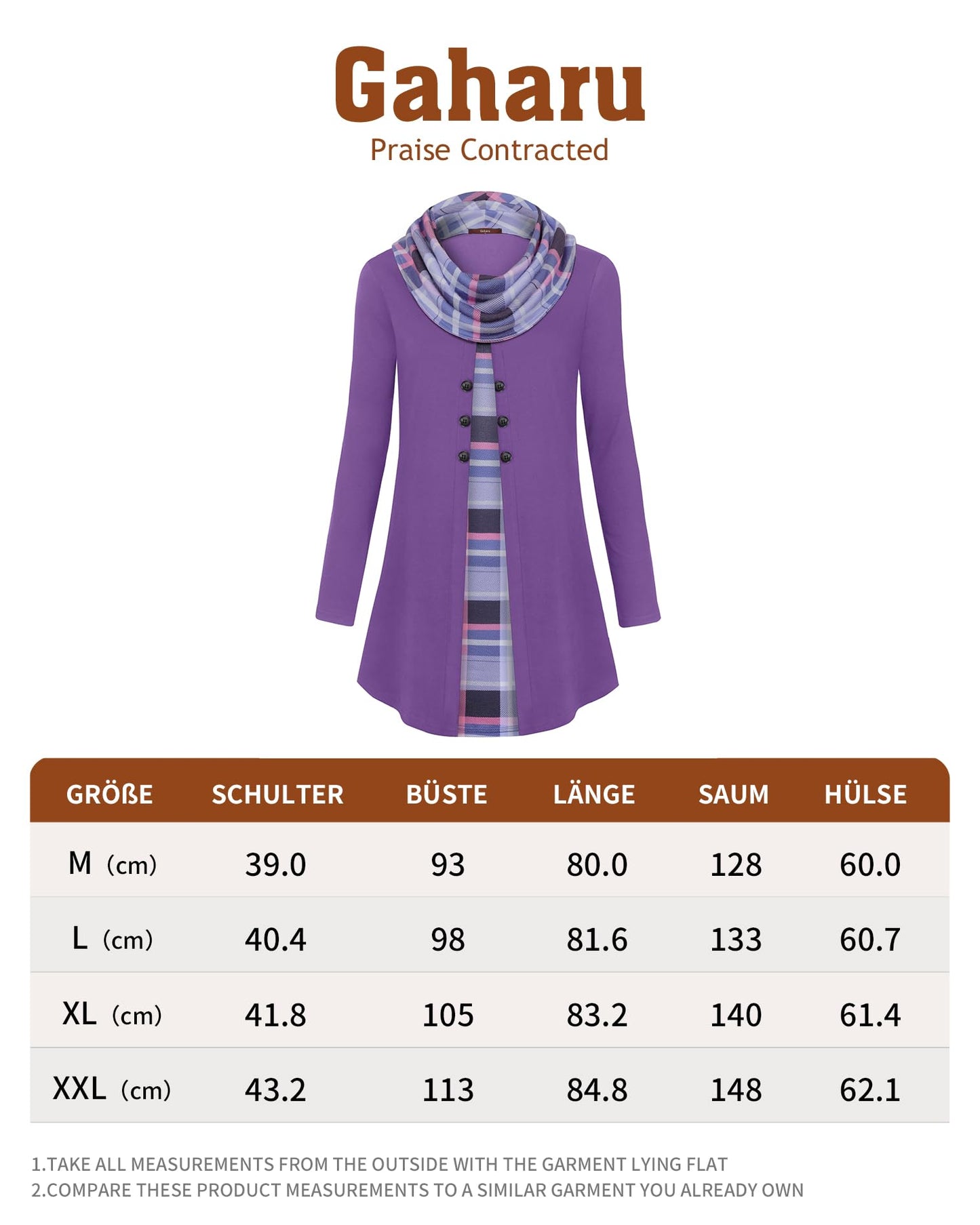 Gaharu Damen Tunika Langarm Elegant Pullover Lang Sweatshirt Schalkragen Patchwork Pulli
