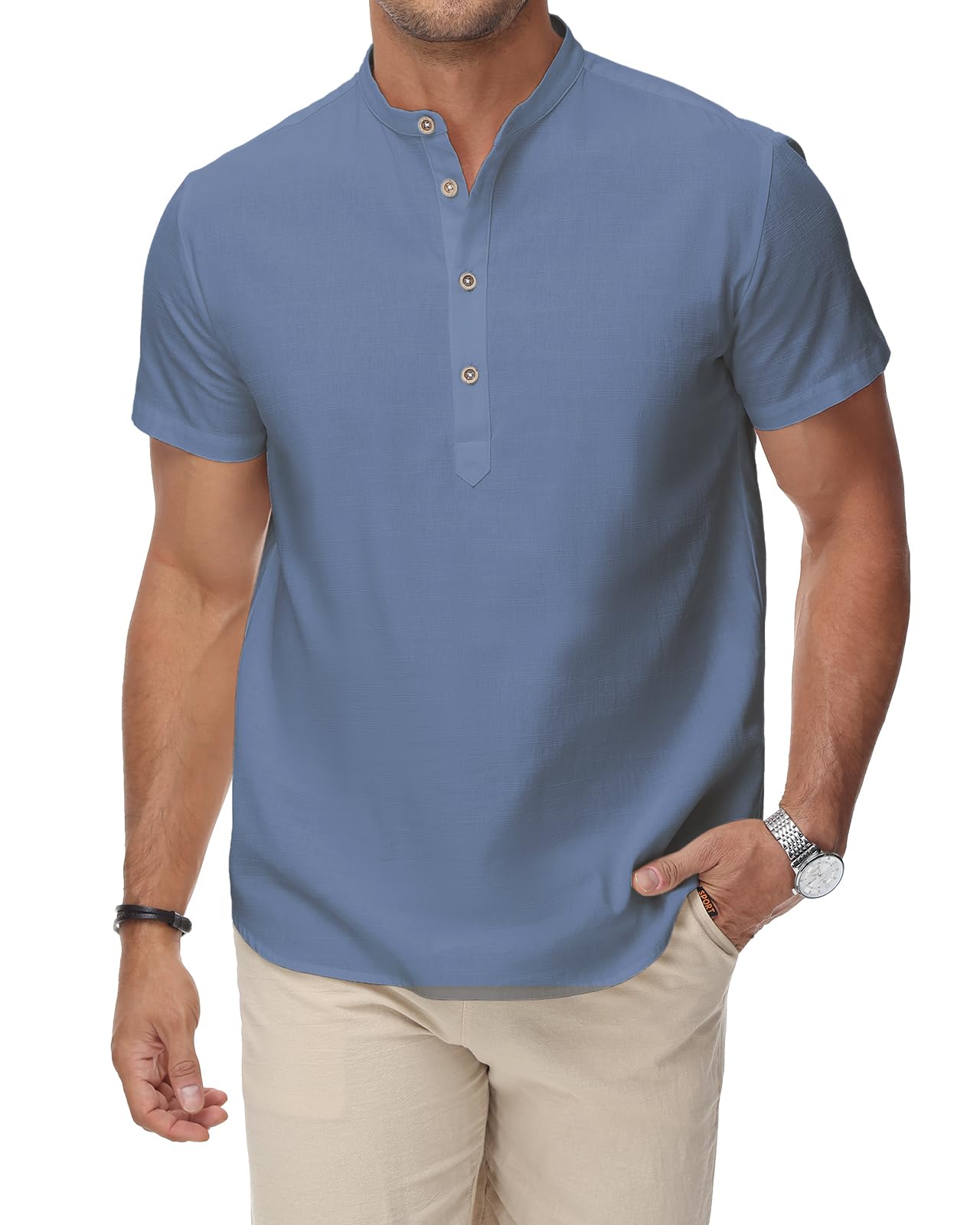 HMIYA Herren Sommerhemd Baumwolle Leinen Kurzarm Hemd Herren Henley-Kragen Lässiges Regular Fit Shirts