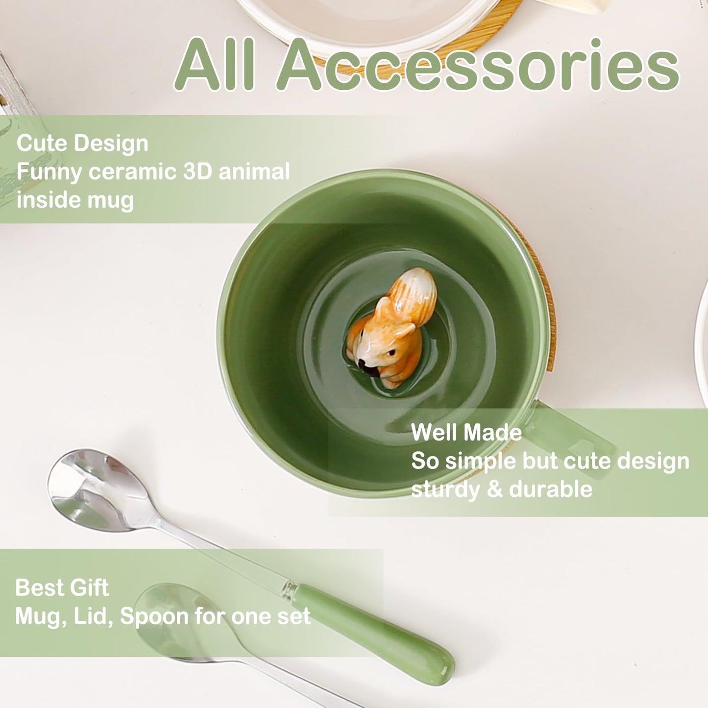 BigNoseDeer Süße Sachen Keramik Katze Kaffeetasse Teetasse Deckel Löffel Lustige Tassen Geschenke für Frauen Kaffeebecher 3D Tasse Personalisiert Cappuccino Tasse Beste Freundin Weihnachten Geschenk