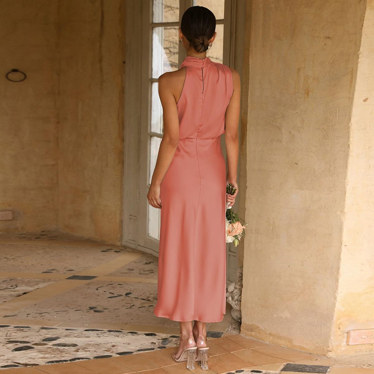 Odizli Damen Elegant Ärmellos Neckholder Satin Sommer Hochzeit Lang Abendkleider