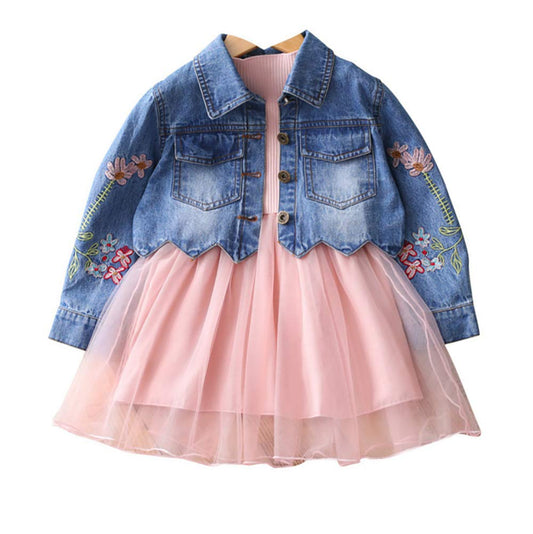 Yao Frühling Herbst Kleine Mädchen Kleidungsset Kind Kinder Jeansjacke und Langarmkleid 2-teiliges Set