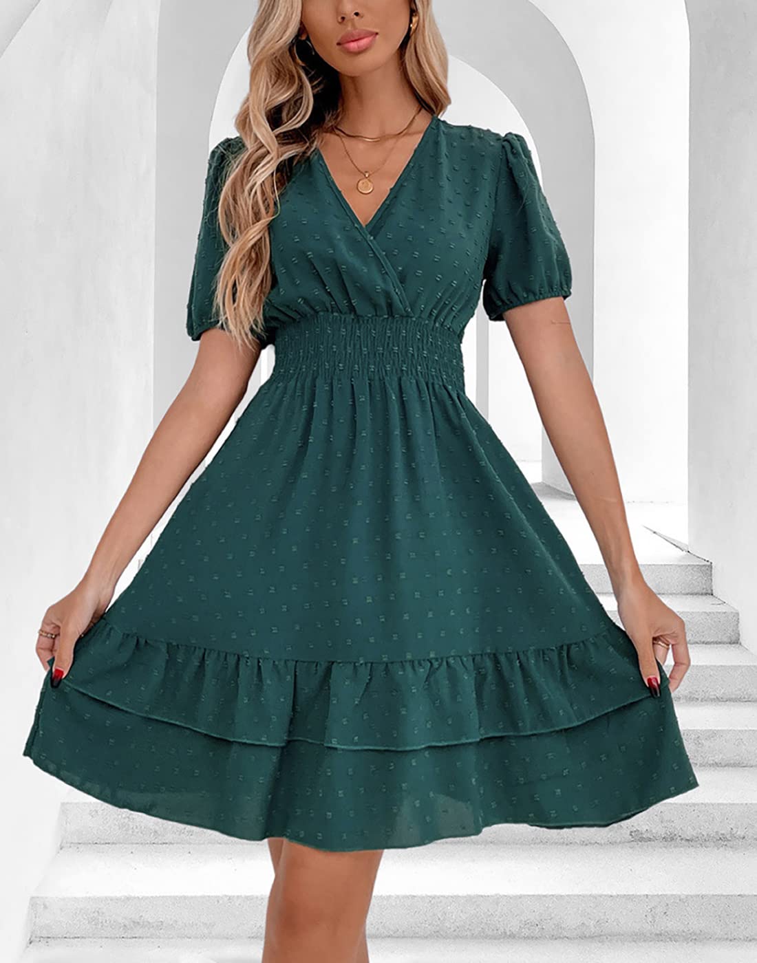 Vangreynve Damen Minikleid V-Ausschnitt A-Linie Kleider Elegant Hohe Taille Langarm Freizeitkleid