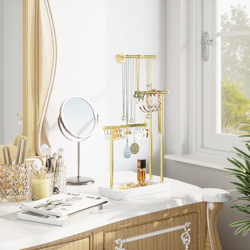 SRIWATANA Schmuckständer Holz Schmuckhalter Kettenhalter 3 Stäbe Drehbar (51cm) Schmuckbaum Schmuckaufbewahrung für Ketten Ohrringen Ringen Uhren und Armbändern