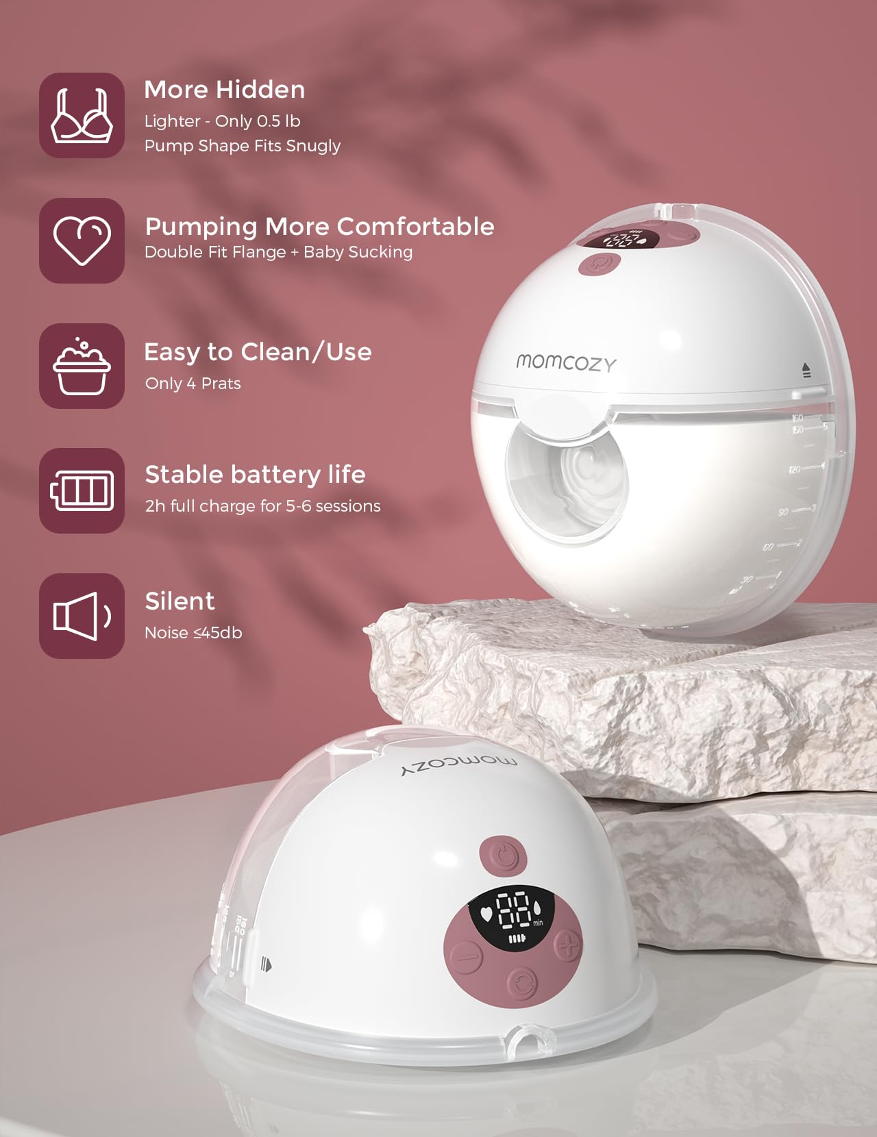 Momcozy Milchpumpe Elektrisch Tragbar Freihändig M5, Doppelmilchpumpe Für Den Babymund, Doppelt Abgedichteter Flansch Mit 3 Modi und 9 Stufen, – 24 mm (2, Grau)