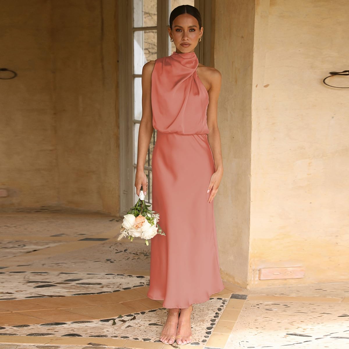 Odizli Damen Elegant Ärmellos Neckholder Satin Sommer Hochzeit Lang Abendkleider