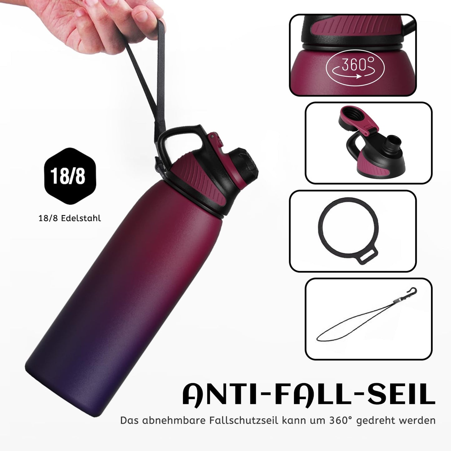 Fjbottle Edelstahl Trinkflasche Sport mit Magnetischem Deckel 1L, 800ml, 600ml, 400ml BPA-Frei Auslaufsichere Kinder Flasche - Kohlensäure geeignet 1500ML Wasserflasche Thermo für Schule, Fitness