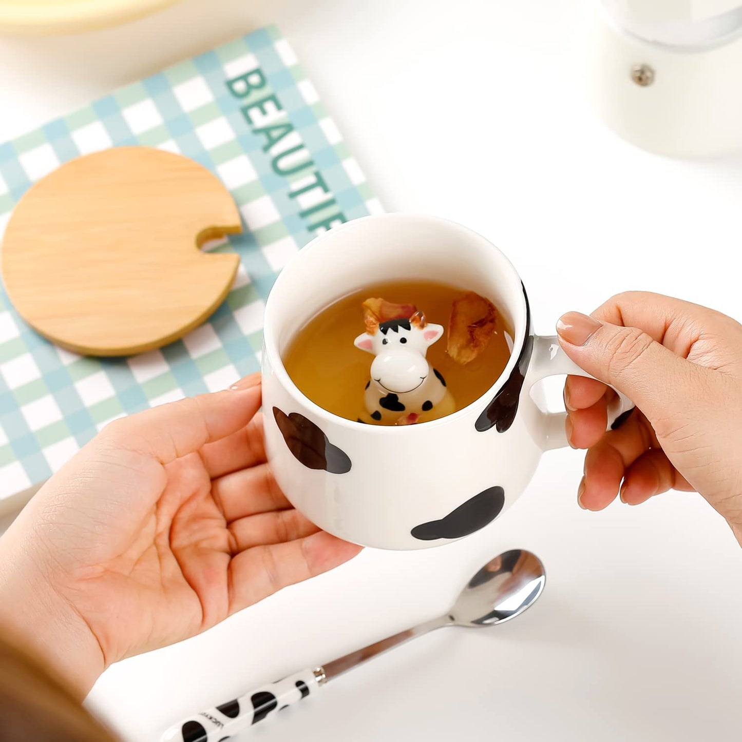 BigNoseDeer Süße Sachen Keramik Katze Kaffeetasse Teetasse Deckel Löffel Lustige Tassen Geschenke für Frauen Kaffeebecher 3D Tasse Personalisiert Cappuccino Tasse Beste Freundin Weihnachten Geschenk