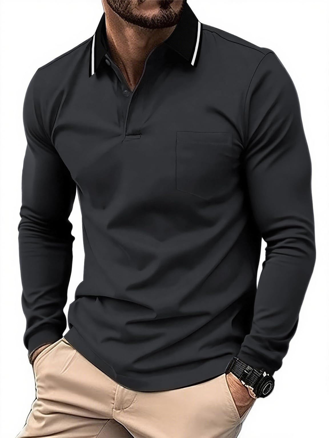 JACKETOWN 3er Pack Poloshirt Herren Langarm Atmungsaktiv Poloshirt Set Knopfkragen Arbeitshemd Golf Polohemd Frühling Herbst Arbeits T Shirt mit Tasche
