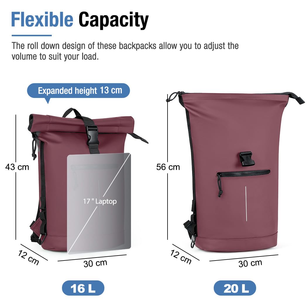 Lekeinchi Rolltop Rucksack Wasserdicht für Damen & Herren, Großer Laptop Rucksack mit Computerfach für 17 Zoll Laptop, Elegant Reiserucksack Daypack für Reisen, Radfahren, Uni Schule, Arbeit-Blau