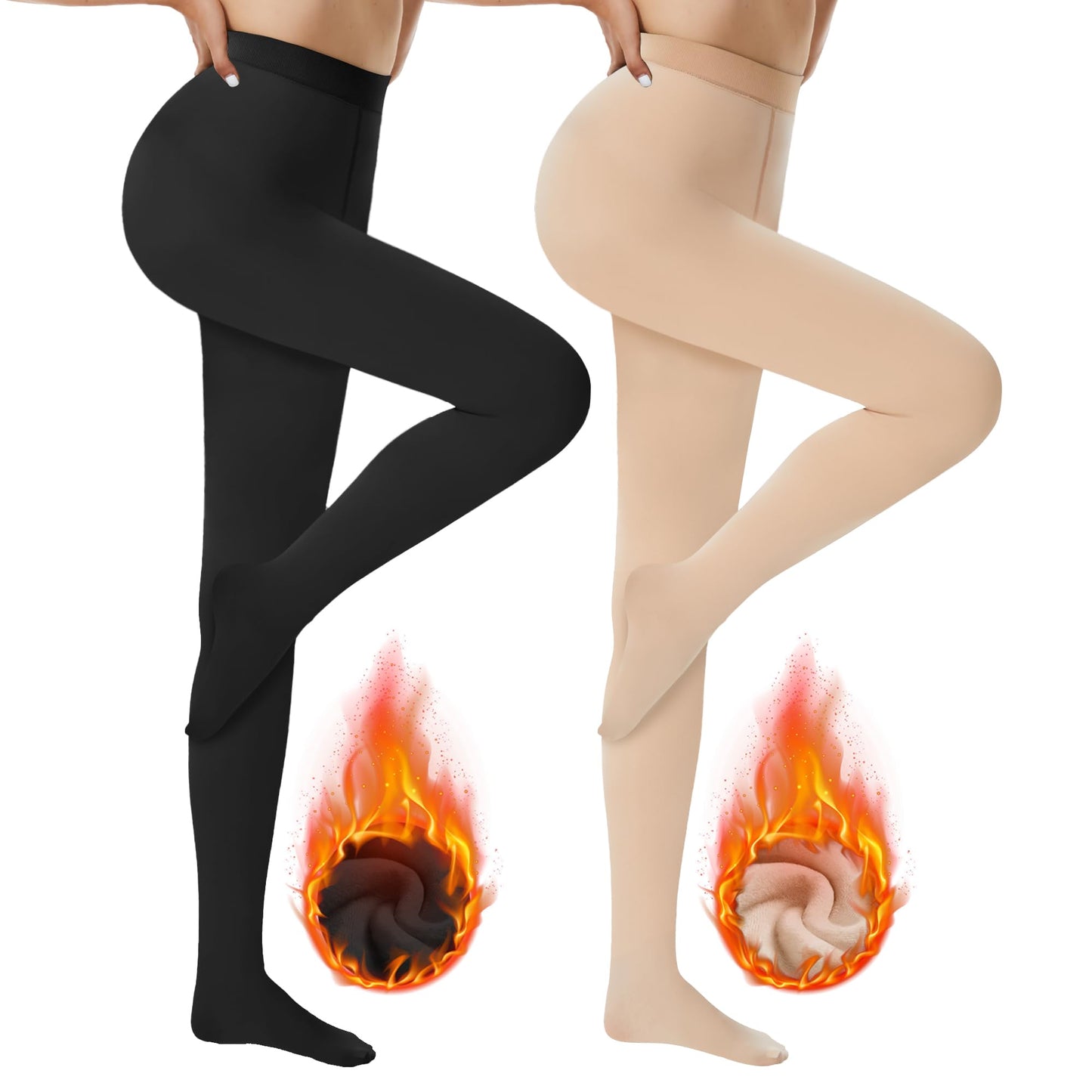 DDOBB Pack of 2 Thermal Tights Women's Winter Lined Thermal Tights Fleece Warm Thick Fake Translucent Pantyhose Thermal Leggings