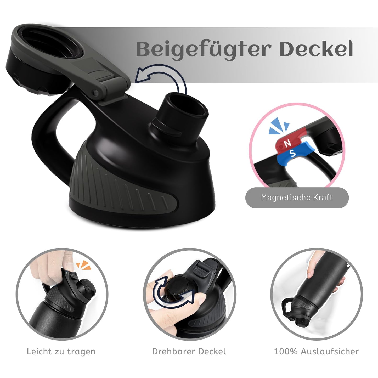 Fjbottle Edelstahl Trinkflasche Sport mit Magnetischem Deckel 1L, 800ml, 600ml, 400ml BPA-Frei Auslaufsichere Kinder Flasche - Kohlensäure geeignet 1500ML Wasserflasche Thermo für Schule, Fitness