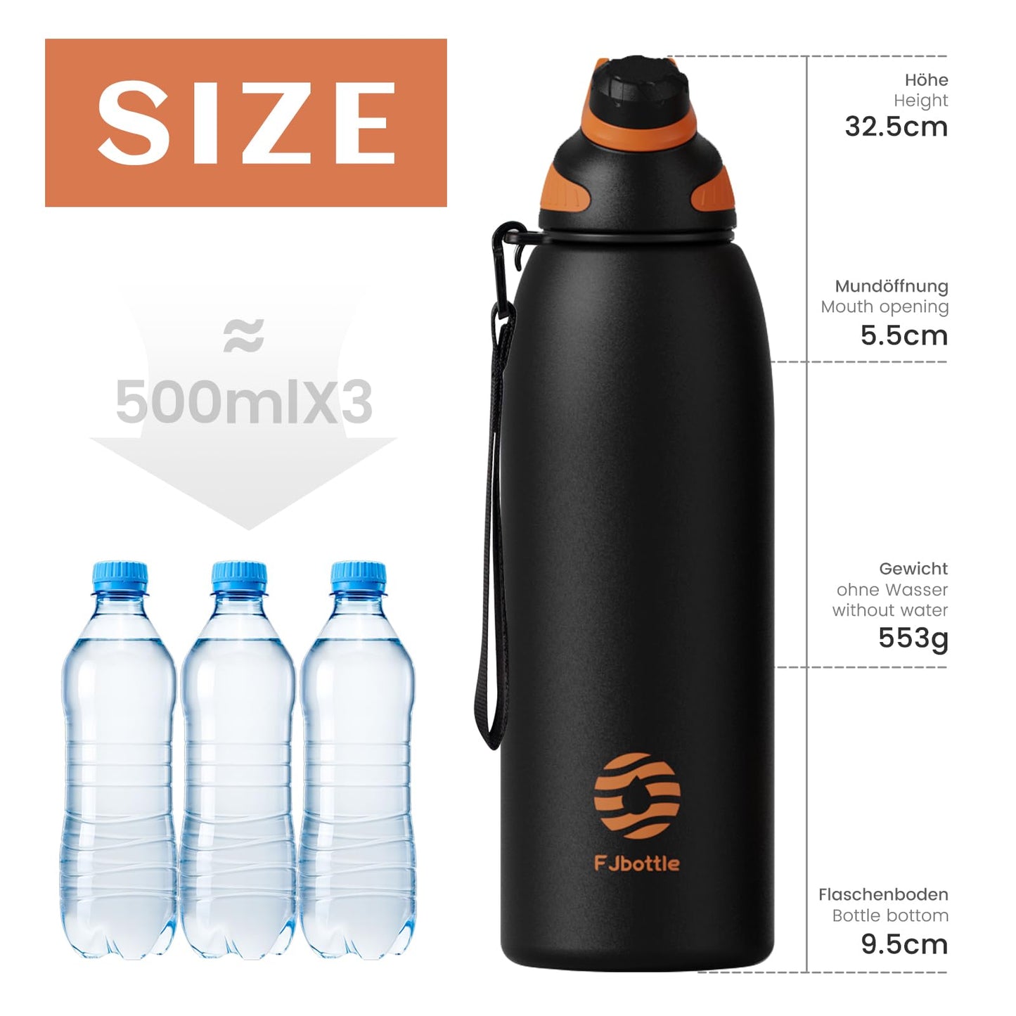 Fjbottle Edelstahl Trinkflasche Sport mit Magnetischem Deckel 1L, 800ml, 600ml, 400ml BPA-Frei Auslaufsichere Kinder Flasche - Kohlensäure geeignet 1500ML Wasserflasche Thermo für Schule, Fitness