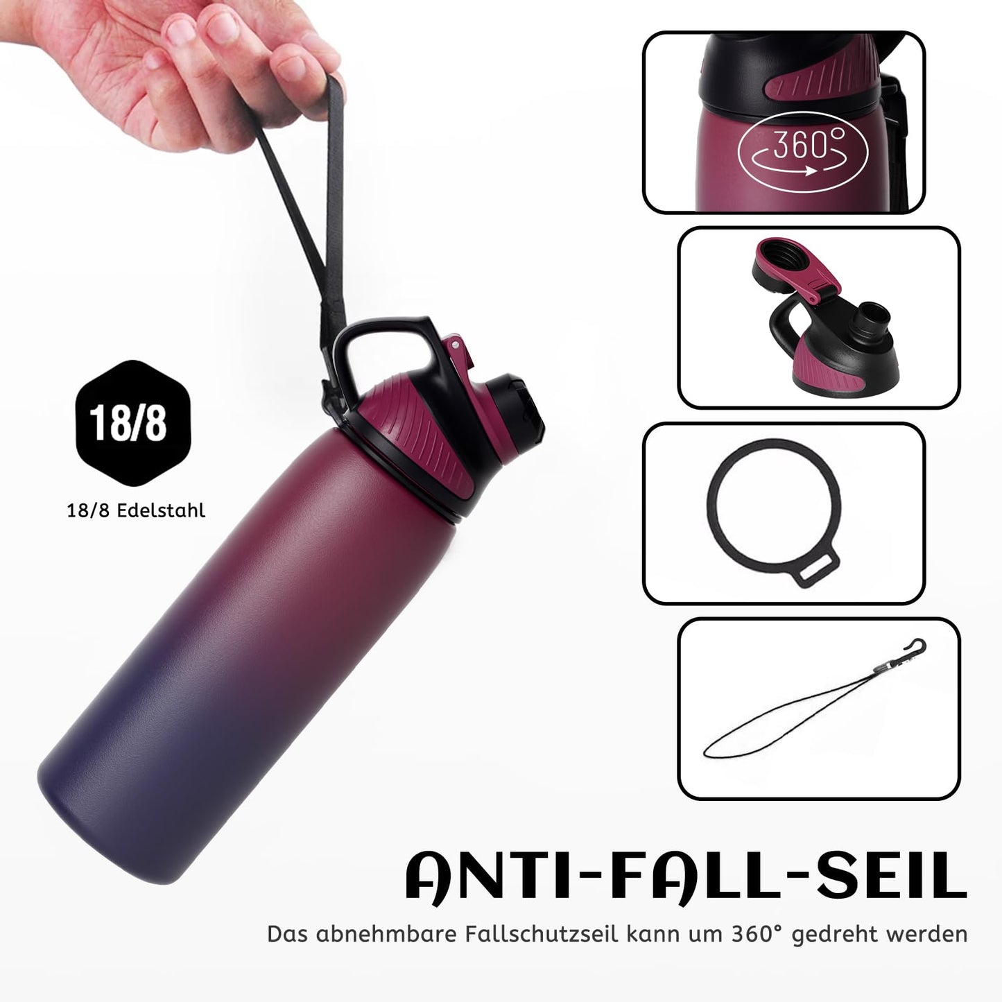 Fjbottle Edelstahl Trinkflasche Sport mit Magnetischem Deckel 1L, 800ml, 600ml, 400ml BPA-Frei Auslaufsichere Kinder Flasche - Kohlensäure geeignet 1500ML Wasserflasche Thermo für Schule, Fitness