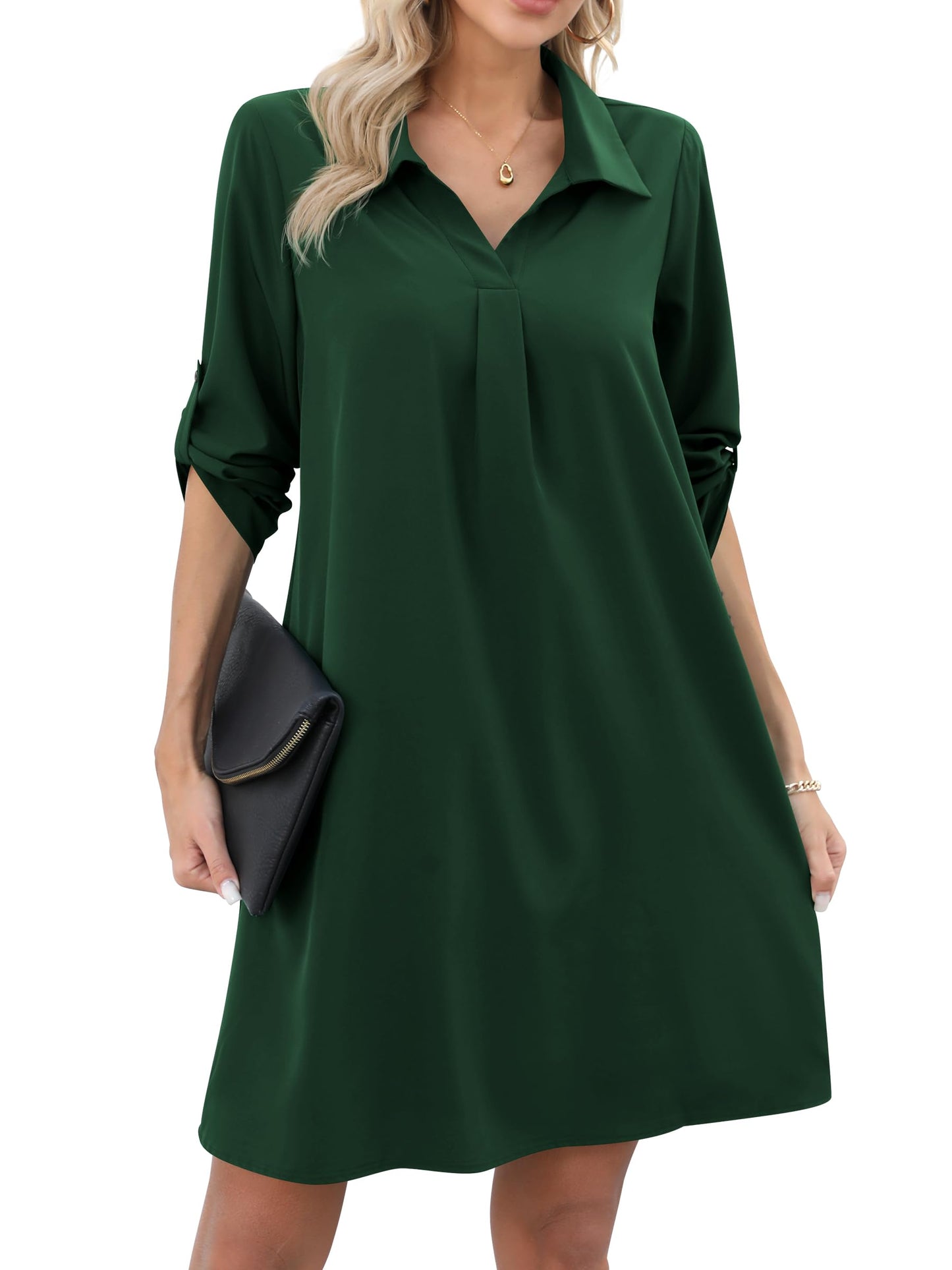 Missufe Damen Freizeit Blusenkleid Tunika Hemdkleid 3/4 Ärmel Locker Shirt Kurzes Kleid
