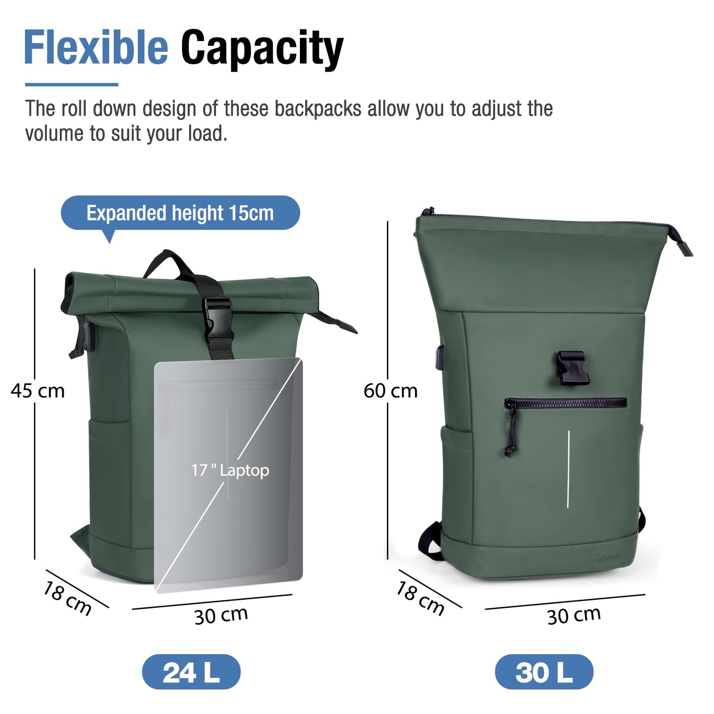 Lekeinchi Rolltop Rucksack Wasserdicht für Damen & Herren, Großer Laptop Rucksack mit Computerfach für 17 Zoll Laptop, Elegant Reiserucksack Daypack für Reisen, Radfahren, Uni Schule, Arbeit-Blau