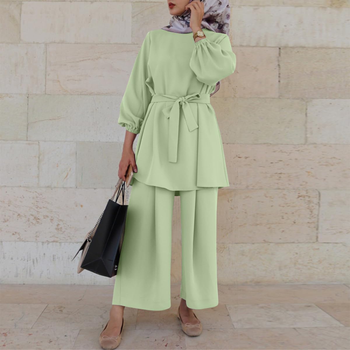 Gebetskleidung Muslim Damen Langarm Top + Lang Hose 2 Teiler Ramadan Outfit