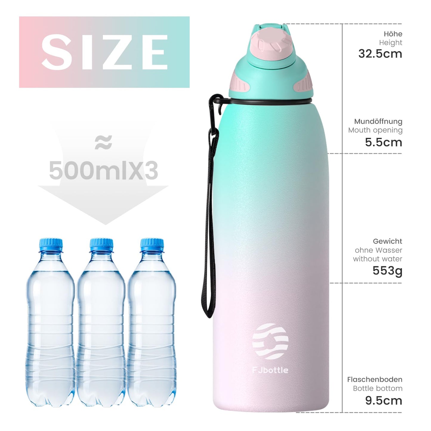 Fjbottle Edelstahl Trinkflasche Sport mit Magnetischem Deckel 1L, 800ml, 600ml, 400ml BPA-Frei Auslaufsichere Kinder Flasche - Kohlensäure geeignet 1500ML Wasserflasche Thermo für Schule, Fitness