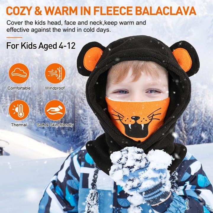 Children's Winter Thermal Fleece Balaclava 4-12 Years, Multifunctional Windproof Adjustable Face Mask, Ski Mask, Warm Hat, Balaclava, Neck Warmer Scarf for Boys and Girls, Outdoor Activities