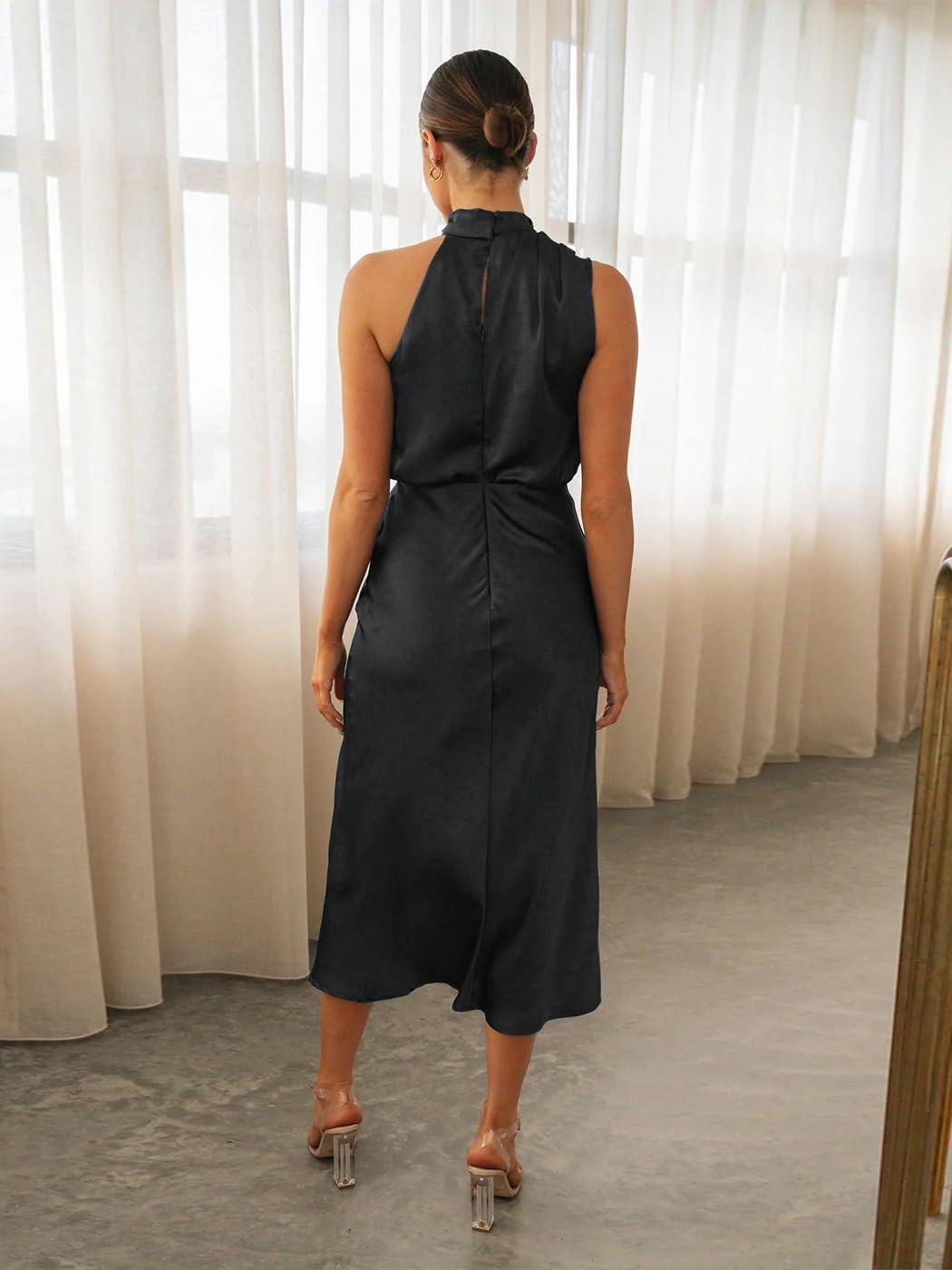 Odizli Damen Elegant Ärmellos Neckholder Satin Sommer Hochzeit Lang Abendkleider