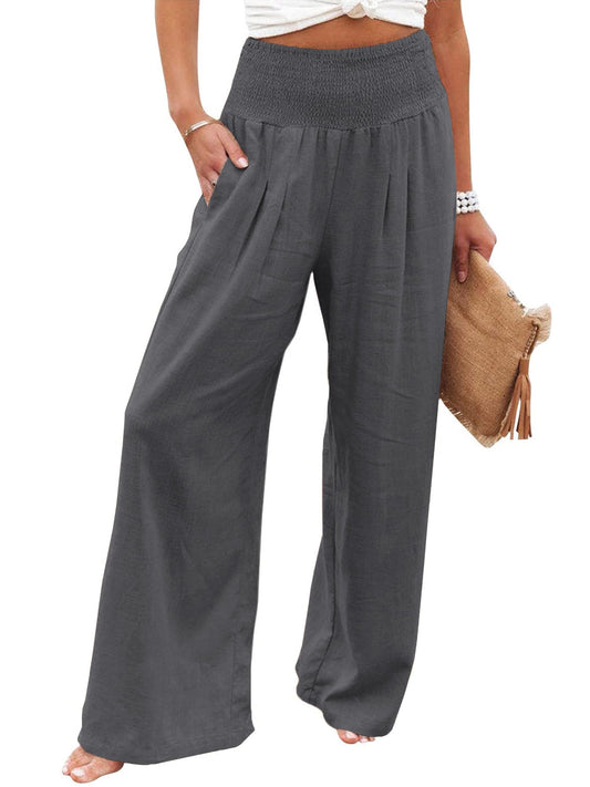 Imuedaen Leinenhose Damen Sommer Hose Casual Leinen Leicht Hosen Weites Bein Palazzo Freizeithose Hohe Taille Einfarbig Sommerhose Stoffhose mit Taschen