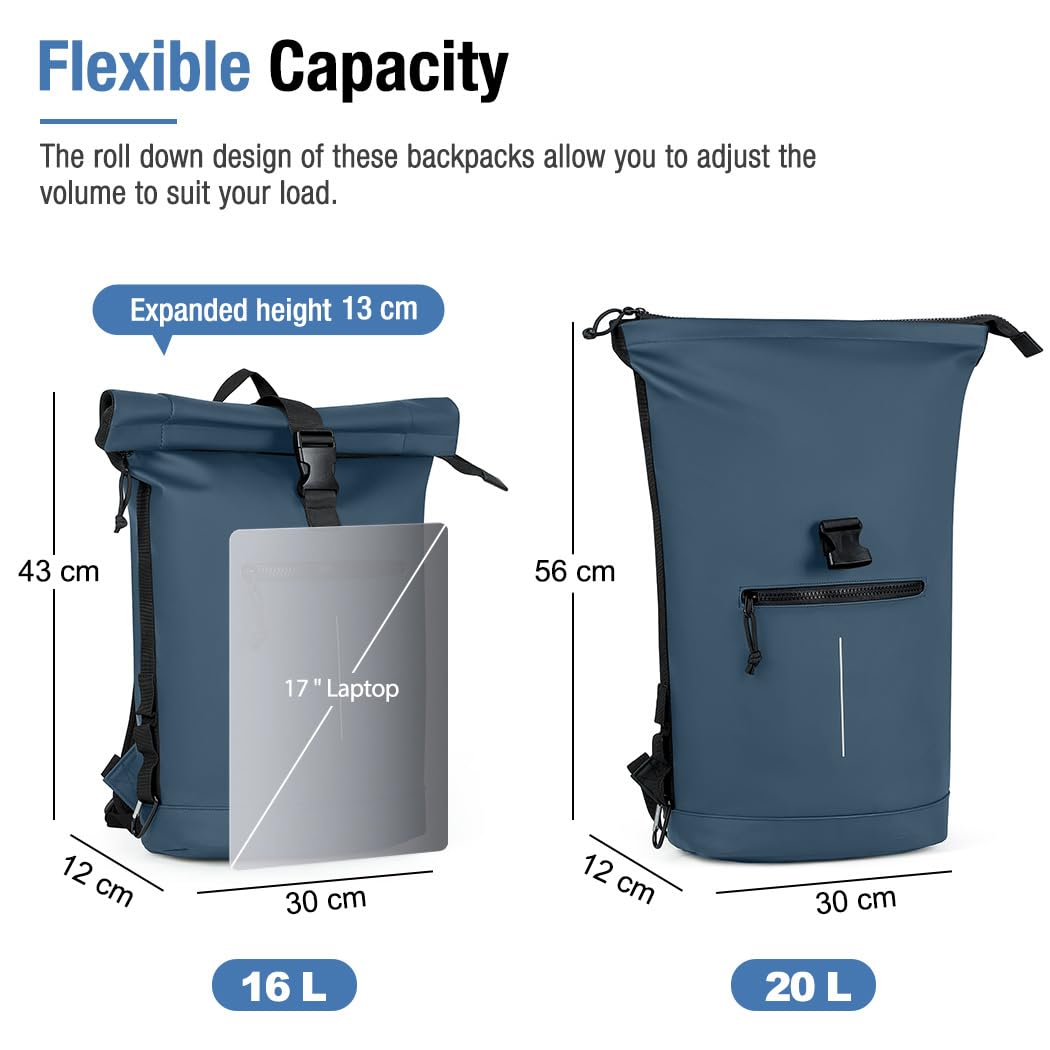 Lekeinchi Rolltop Rucksack Wasserdicht für Damen & Herren, Großer Laptop Rucksack mit Computerfach für 17 Zoll Laptop, Elegant Reiserucksack Daypack für Reisen, Radfahren, Uni Schule, Arbeit-Blau
